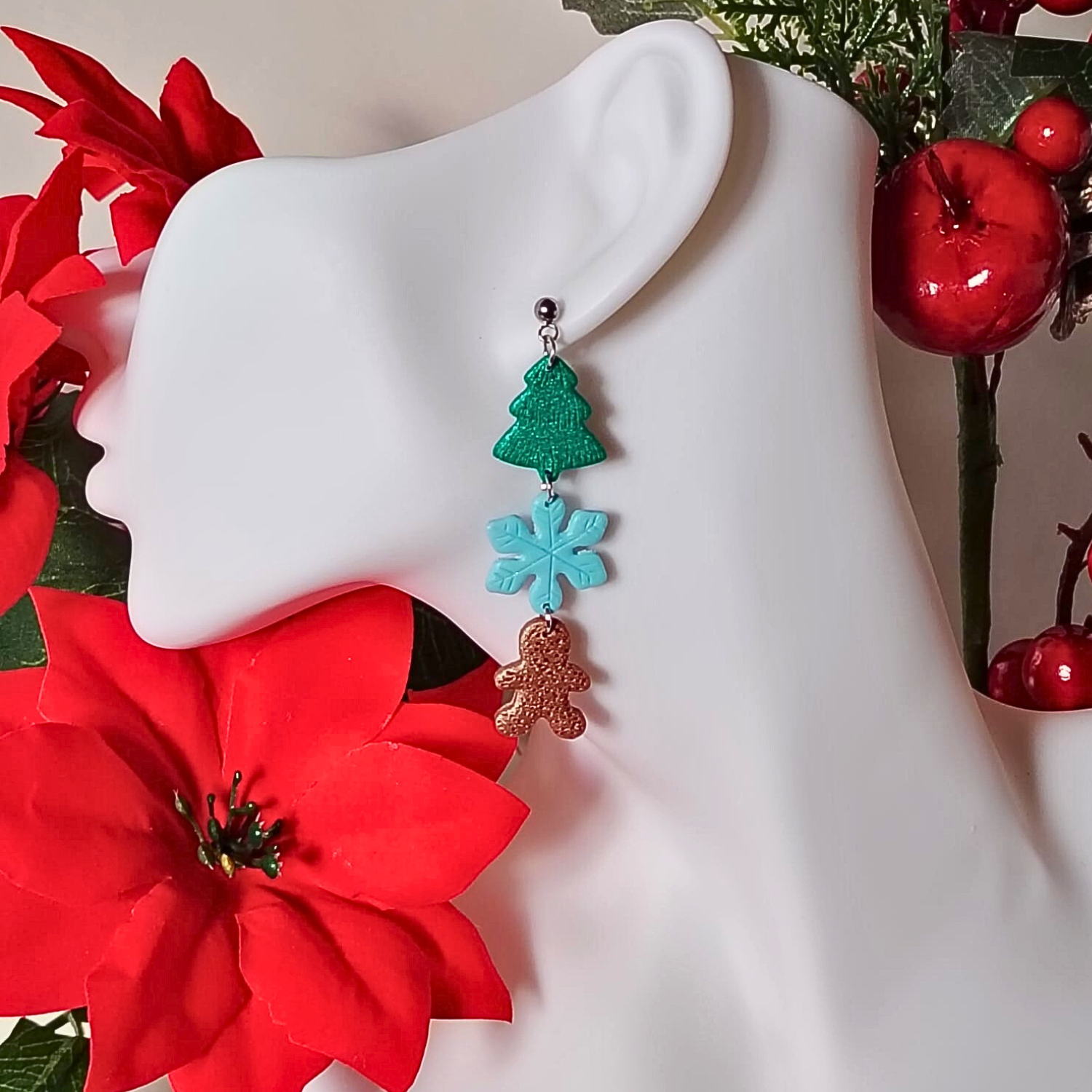 Božićne viseće naušnice – borić + pahulja + gingerbread / Božićni poklon