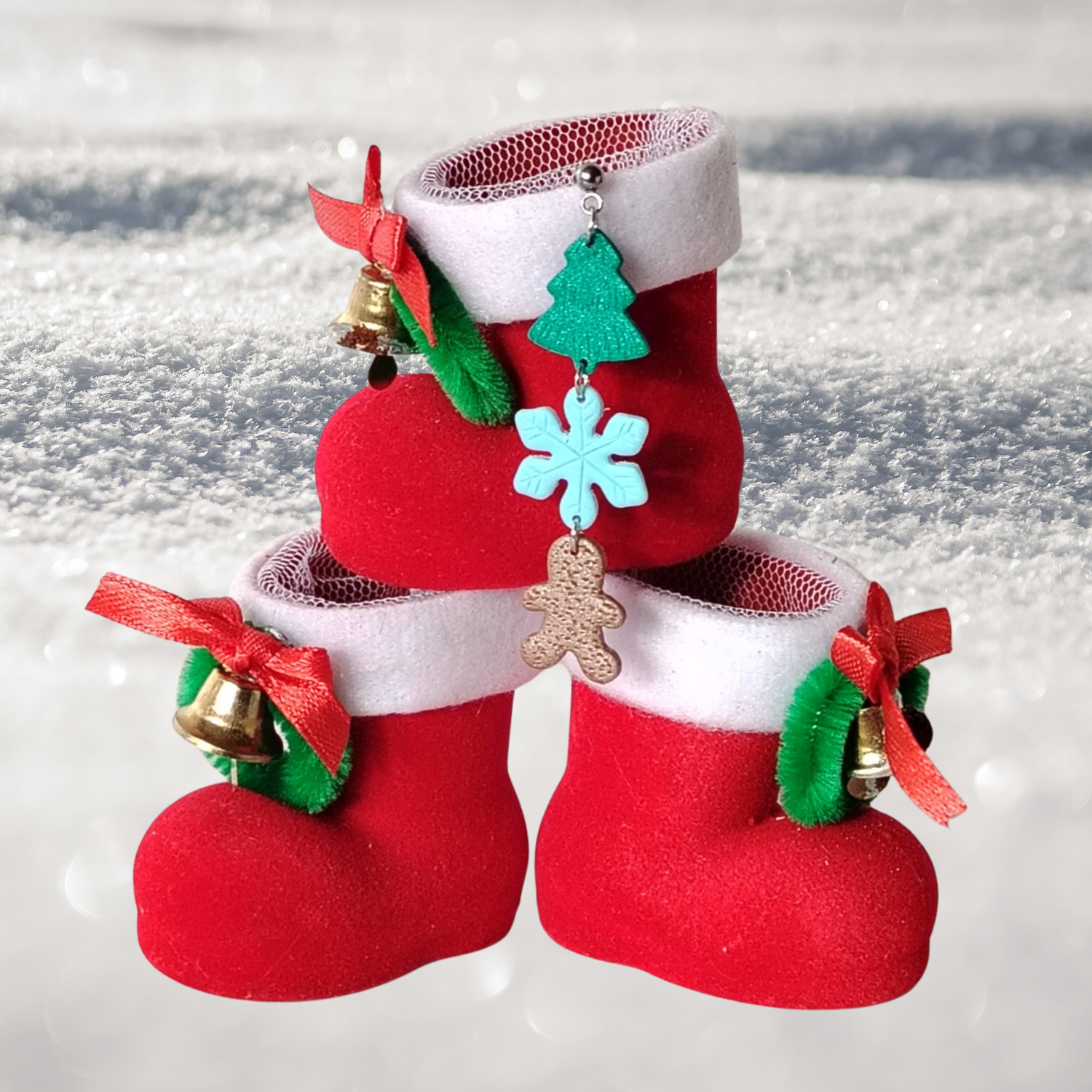 Božićne viseće naušnice – borić + pahulja + gingerbread / Božićni poklon