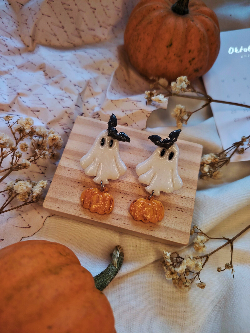 Pumpkin Ghost naušnice od polimerne gline – Halloween tema