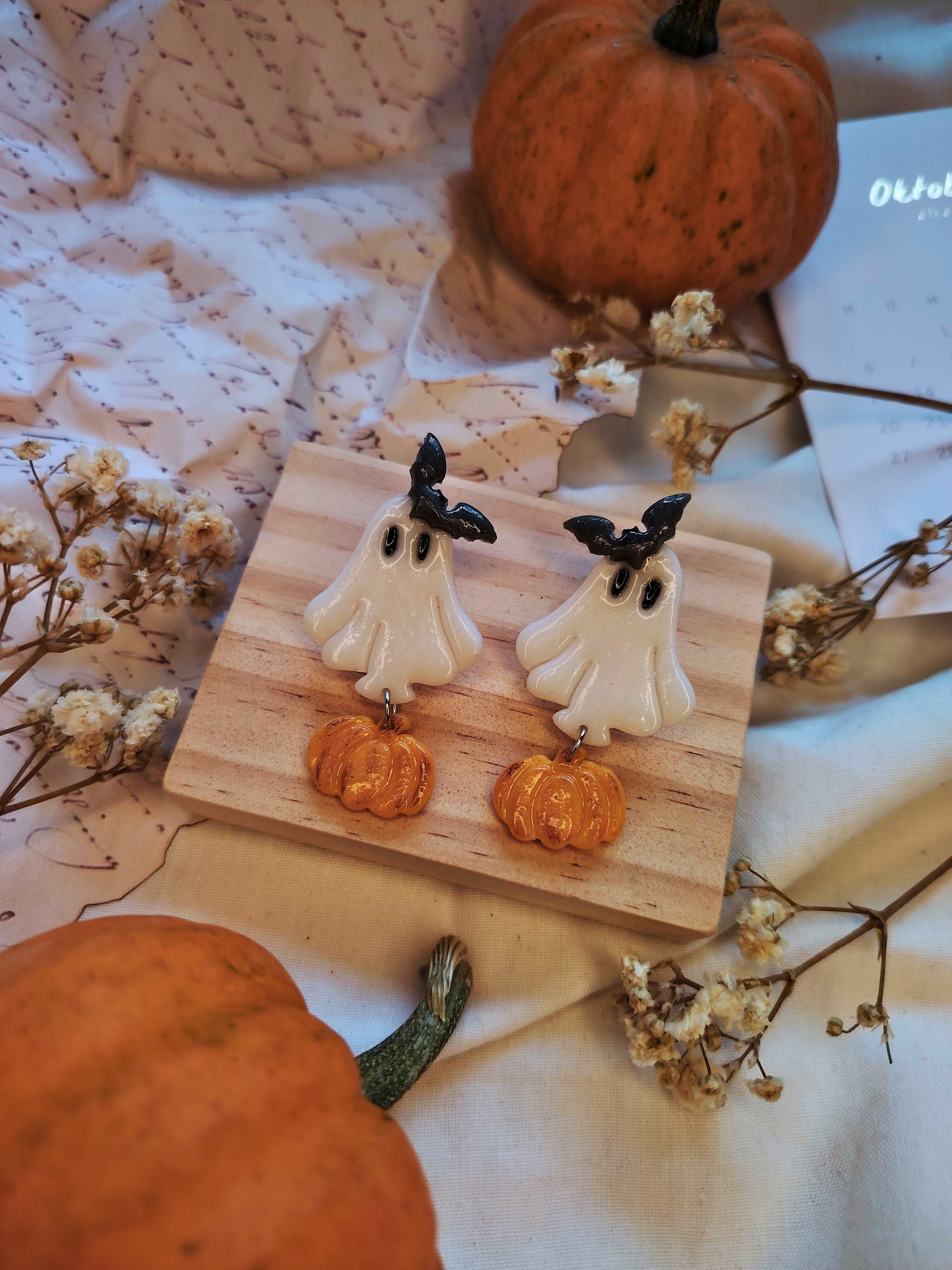 Pumpkin Ghost naušnice od polimerne gline – Halloween tema